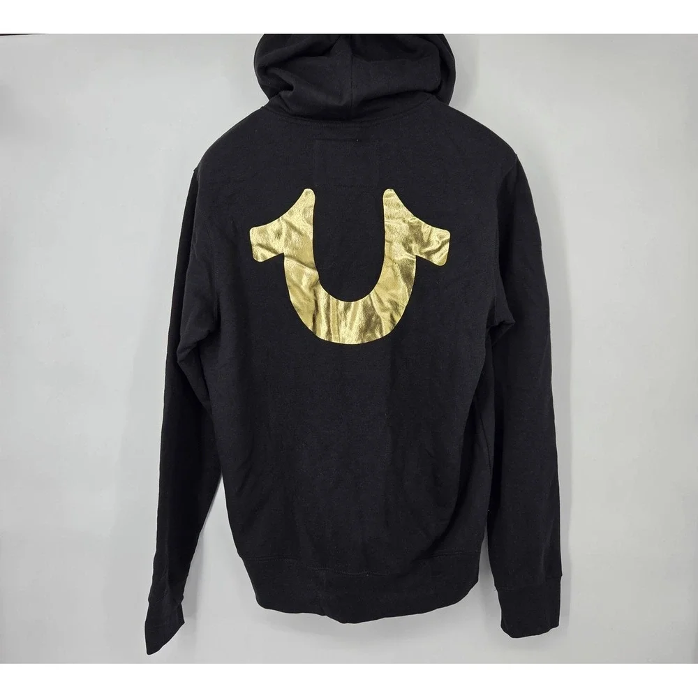 TRUE‎ RELIGION Hoodie Men's Large Black Gold Horseshoe Full Zip Up Sweatshirt